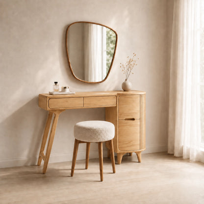 Makeup Vanity with Fluted Cylindrical Cabinet in Natural Solid Wood - Woodenecho - 8