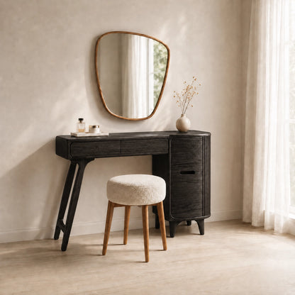 Makeup Vanity with Fluted Cylindrical Cabinet in Natural Solid Wood - Woodenecho - 9