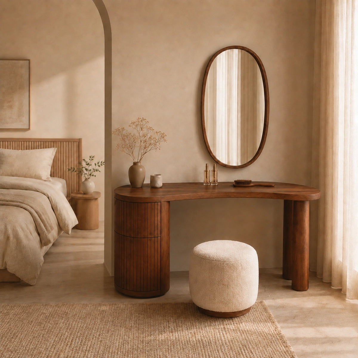 Makeup Vanity with Fluted Cylindrical Drawer in Natural Solid Wood - Woodenecho - 1