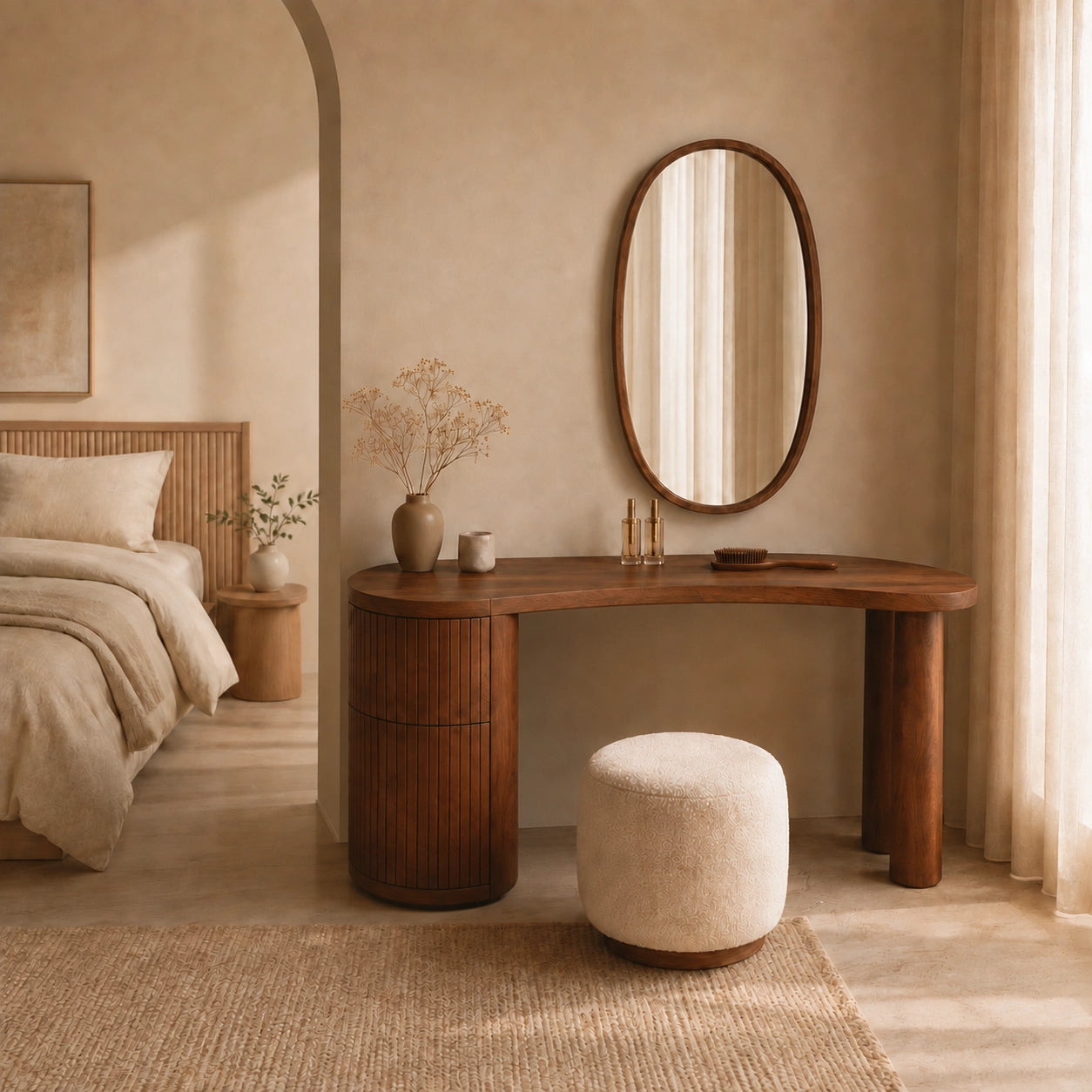 Makeup Vanity with Fluted Cylindrical Drawer in Natural Solid Wood - Woodenecho - 1