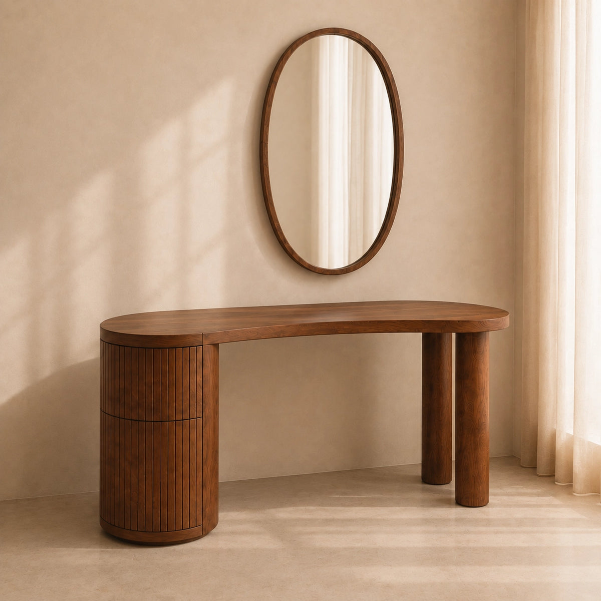 Makeup Vanity with Fluted Cylindrical Drawer in Natural Solid Wood - Woodenecho - 2