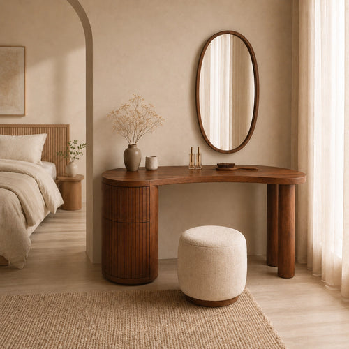 Makeup Vanity with Fluted Cylindrical Drawer in Natural Solid Wood - Woodenecho - 3