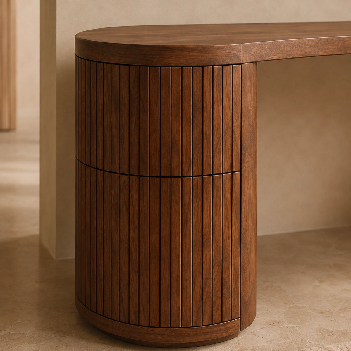 Makeup Vanity with Fluted Cylindrical Drawer in Natural Solid Wood - Woodenecho - 4