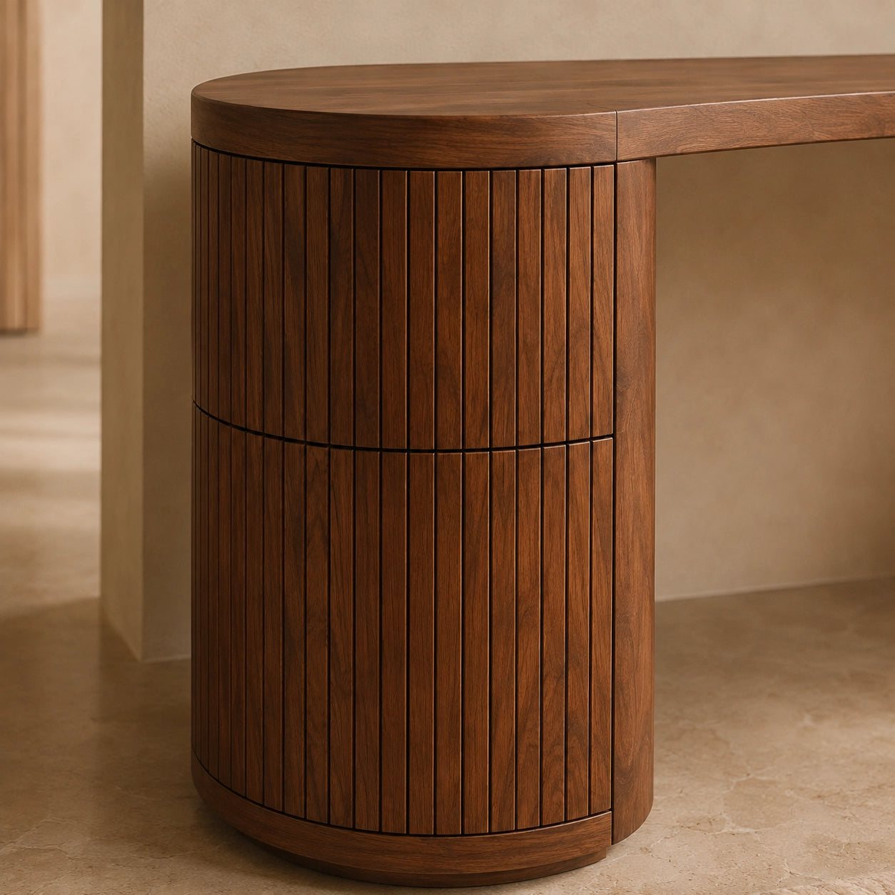 Makeup Vanity with Fluted Cylindrical Drawer in Natural Solid Wood - Woodenecho - 4