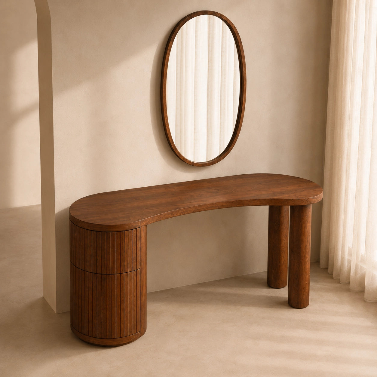 Makeup Vanity with Fluted Cylindrical Drawer in Natural Solid Wood - Woodenecho - 5