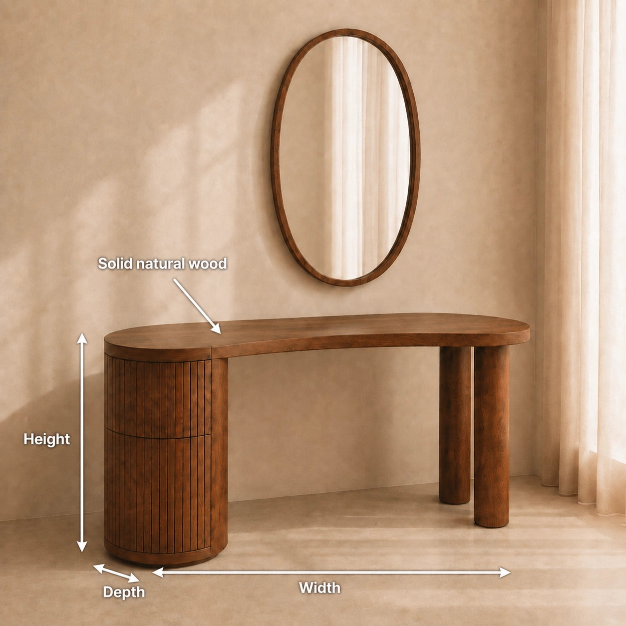 Makeup Vanity with Fluted Cylindrical Drawer in Natural Solid Wood - Woodenecho - 6
