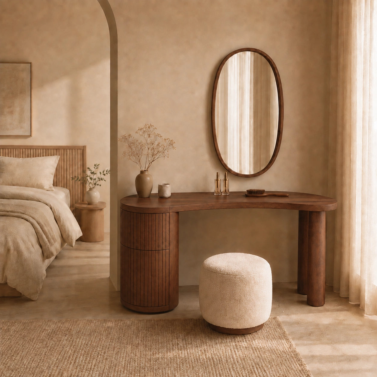 Makeup Vanity with Fluted Cylindrical Drawer in Natural Solid Wood - Woodenecho - 7