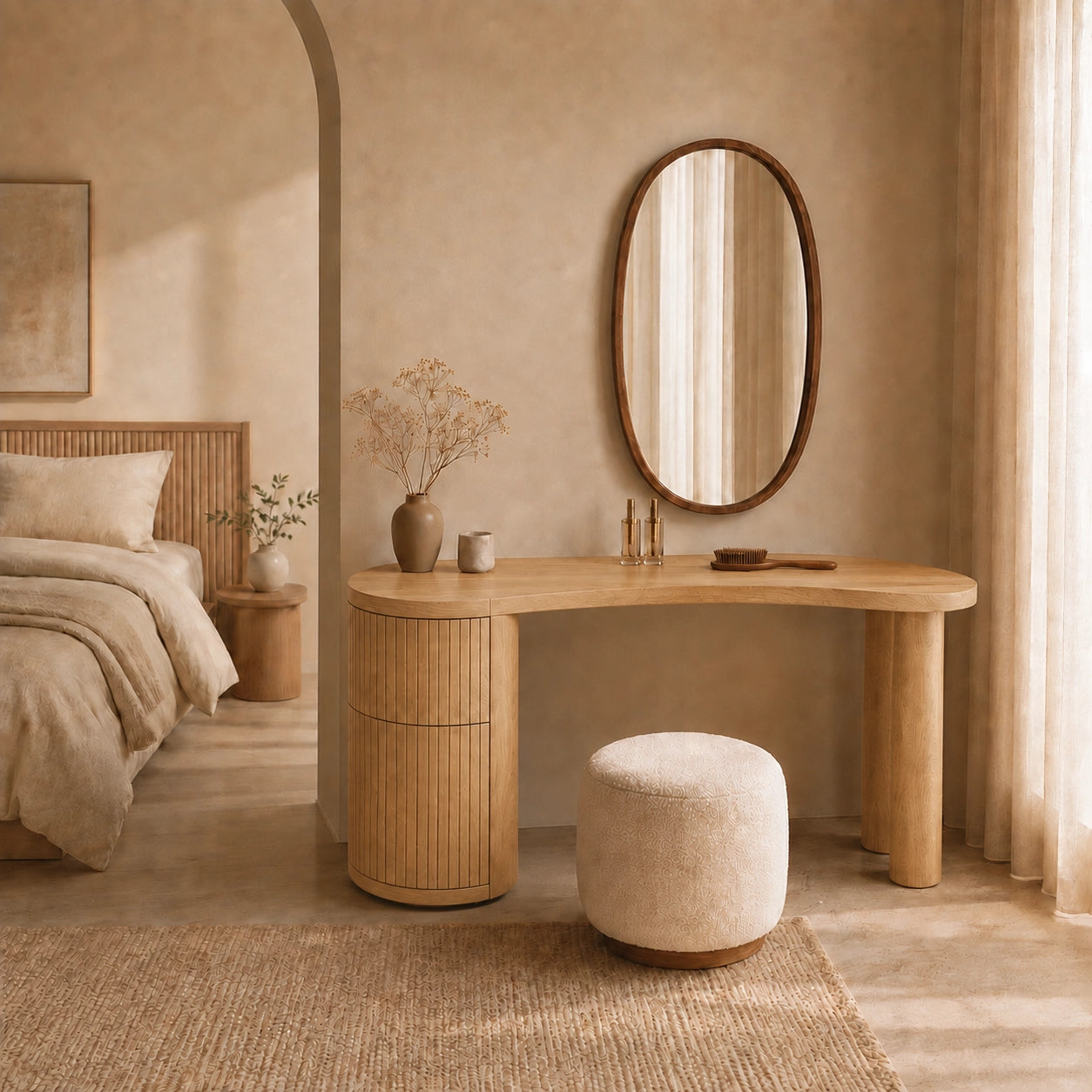 Makeup Vanity with Fluted Cylindrical Drawer in Natural Solid Wood - Woodenecho - 8