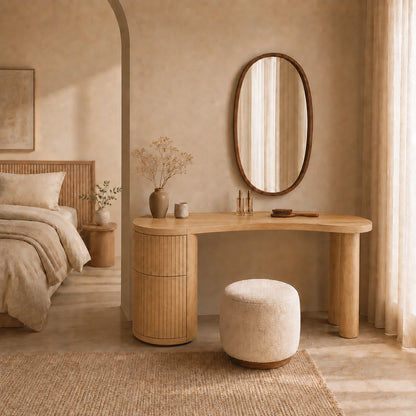Makeup Vanity with Fluted Cylindrical Drawer in Natural Solid Wood - Woodenecho - 8