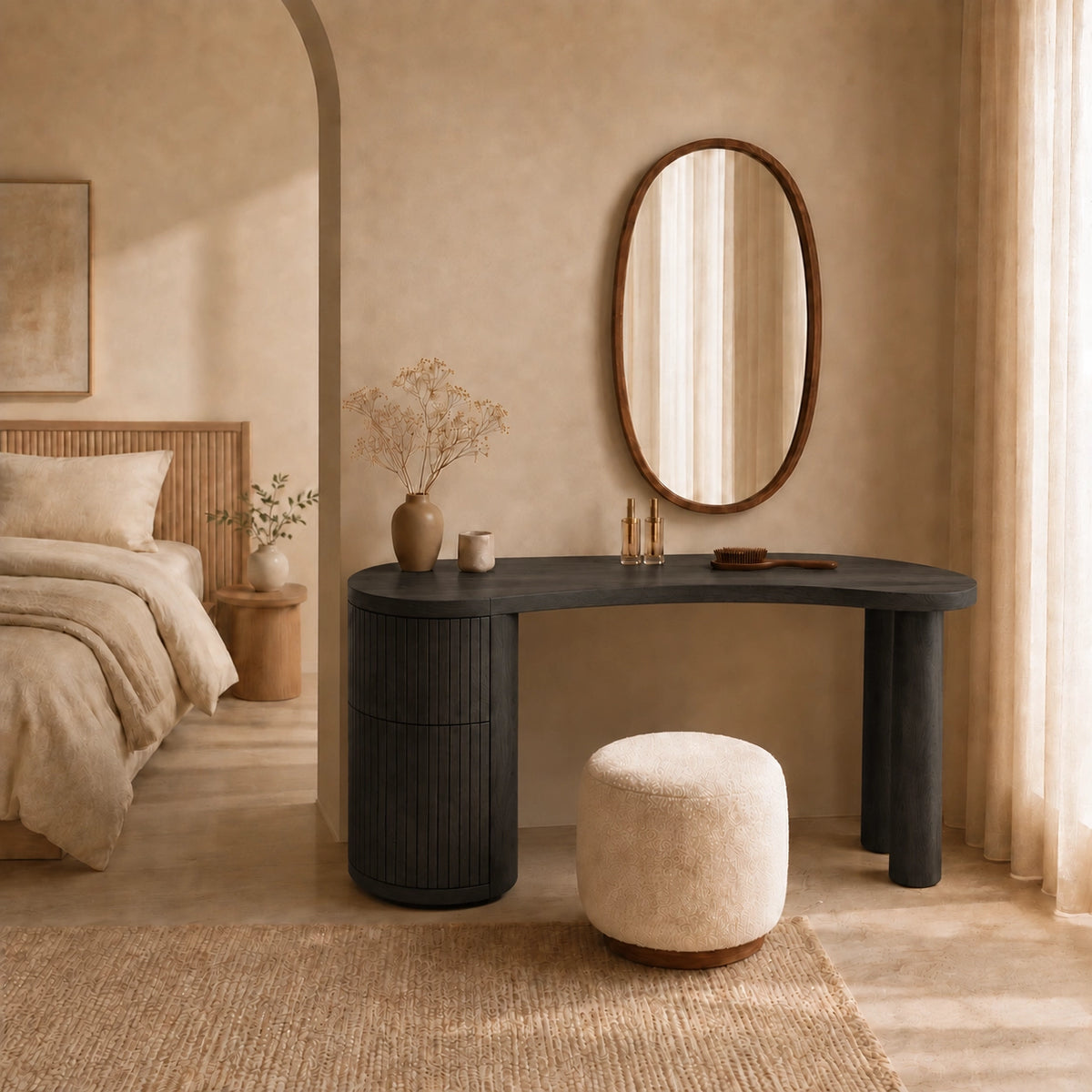 Makeup Vanity with Fluted Cylindrical Drawer in Natural Solid Wood - Woodenecho - 9