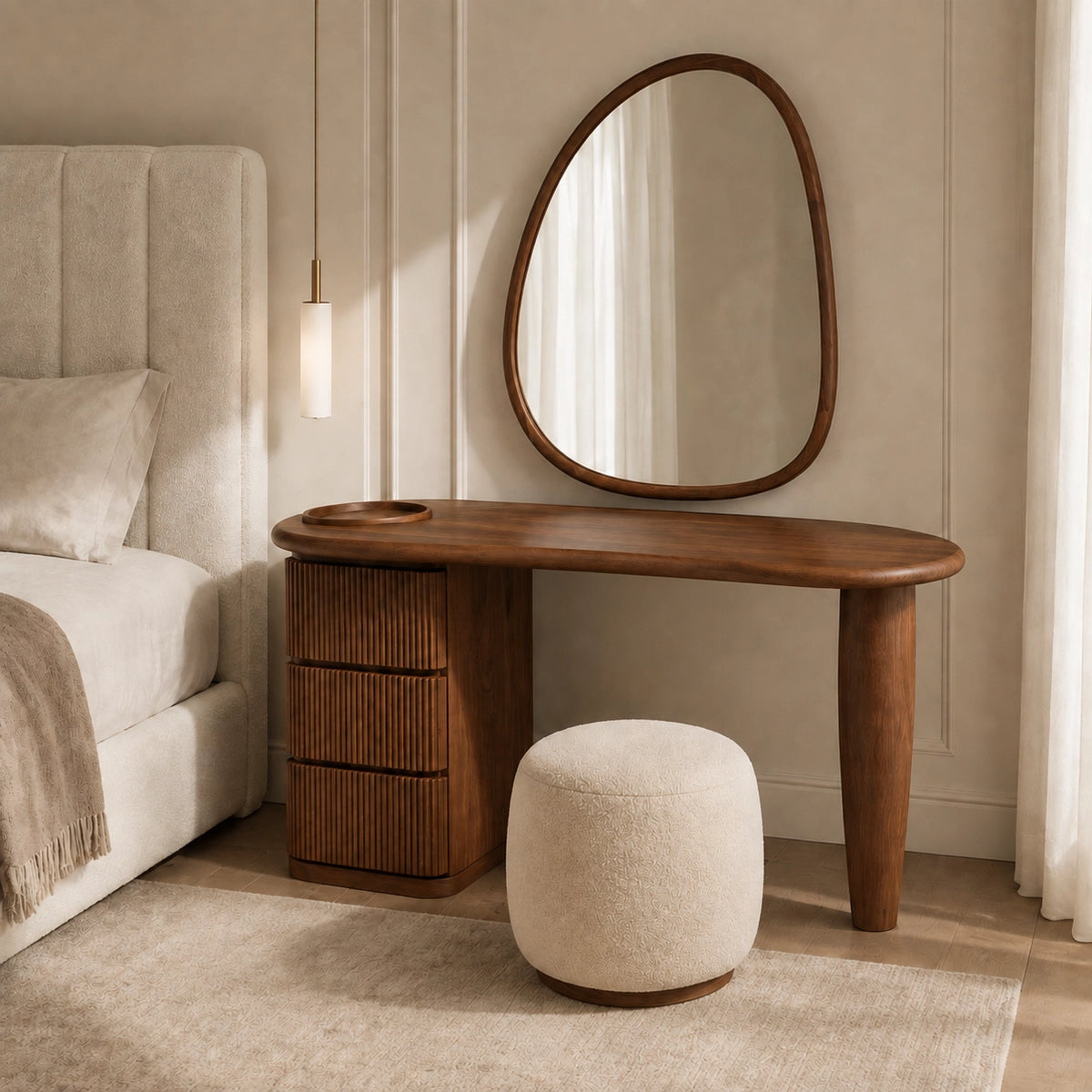 Makeup Vanity with Fluted Drawer Storage in Natural Solid Wood Design - Woodenecho - 1