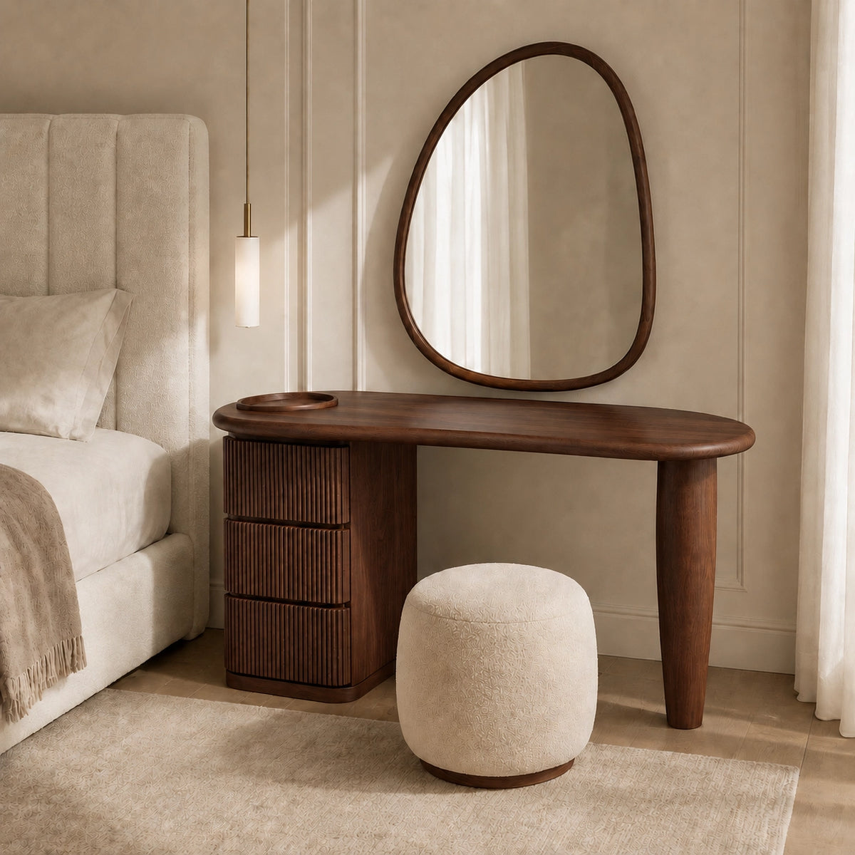 Makeup Vanity with Fluted Drawer Storage in Natural Solid Wood Design - Woodenecho - 3