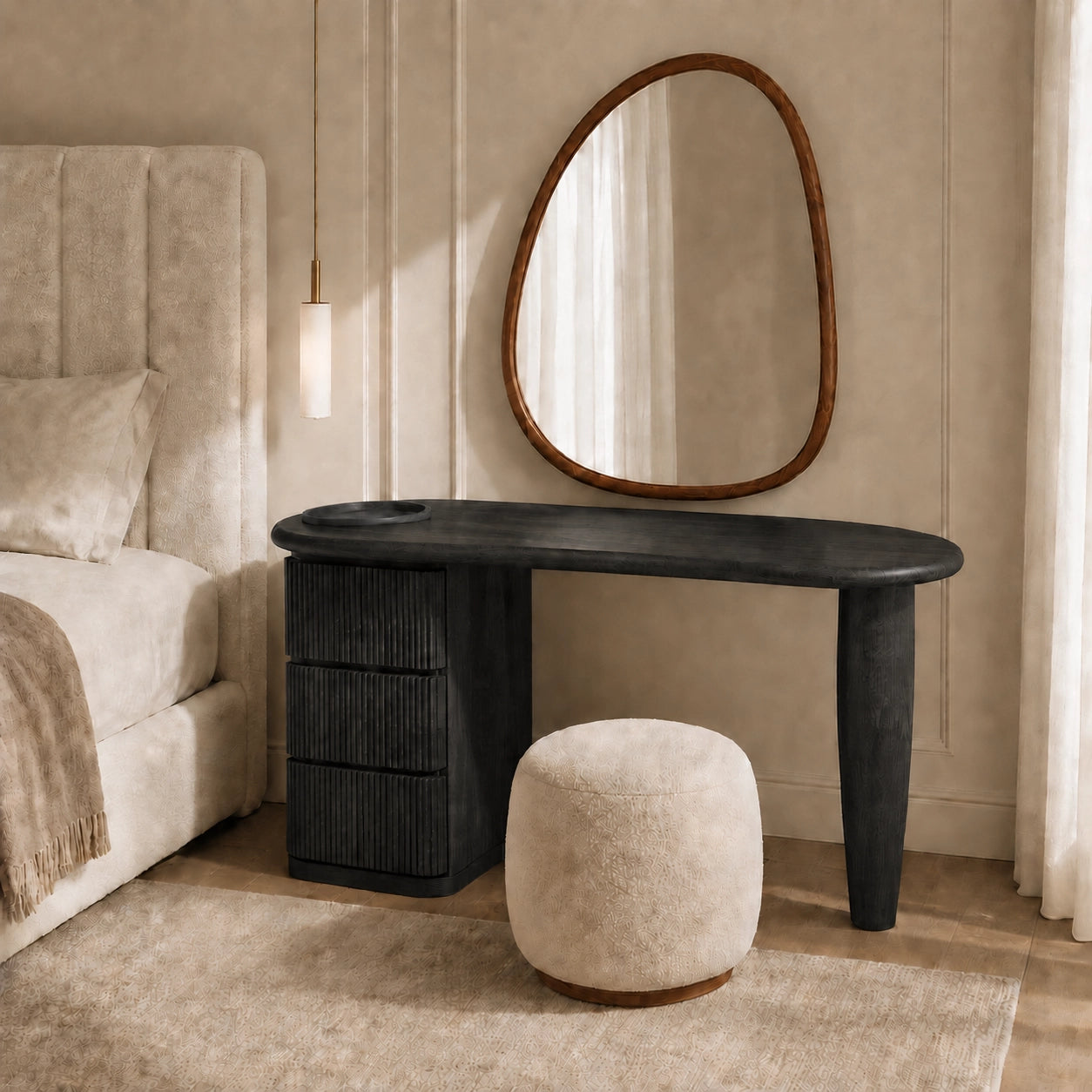 Makeup Vanity with Fluted Drawer Storage in Natural Solid Wood Design - Woodenecho - 5