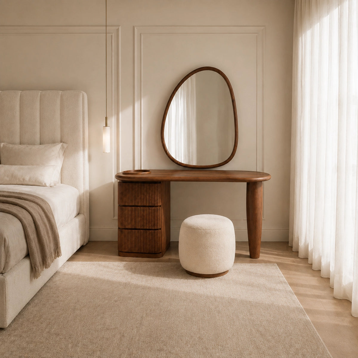 Makeup Vanity with Fluted Drawer Storage in Natural Solid Wood Design - Woodenecho - 7