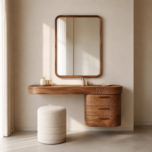 Makeup Vanity with Fluted Sunburst Drawer Front in Natural Solid Wood - Woodenecho - 1
