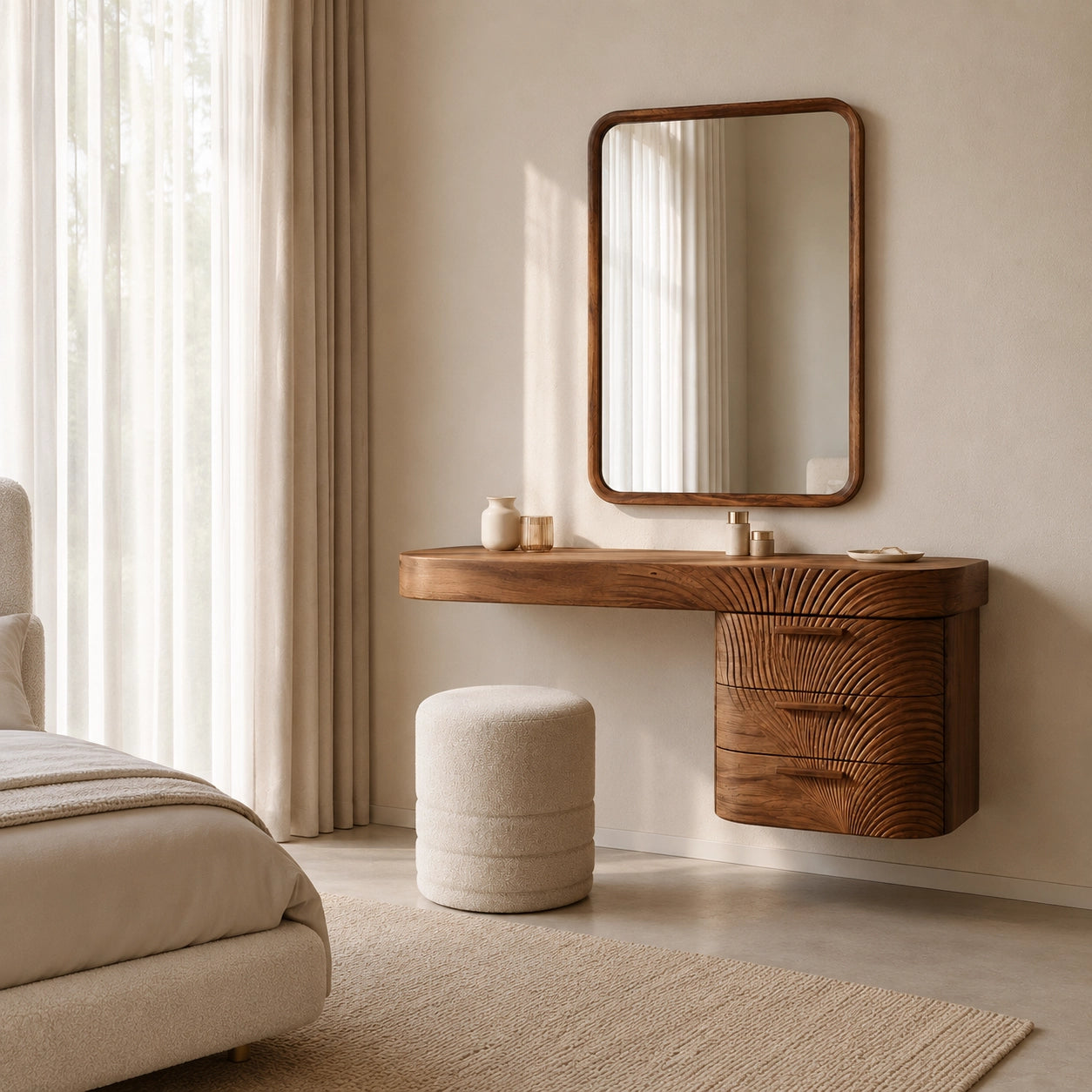 Makeup Vanity with Fluted Sunburst Drawer Front in Natural Solid Wood - Woodenecho - 2