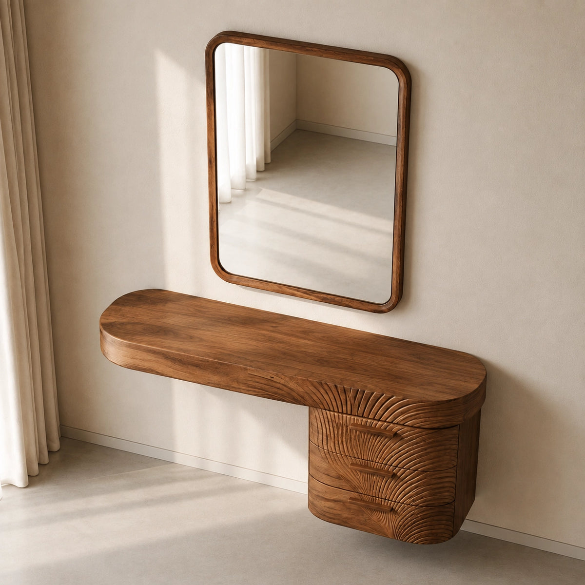 Makeup Vanity with Fluted Sunburst Drawer Front in Natural Solid Wood - Woodenecho - 4