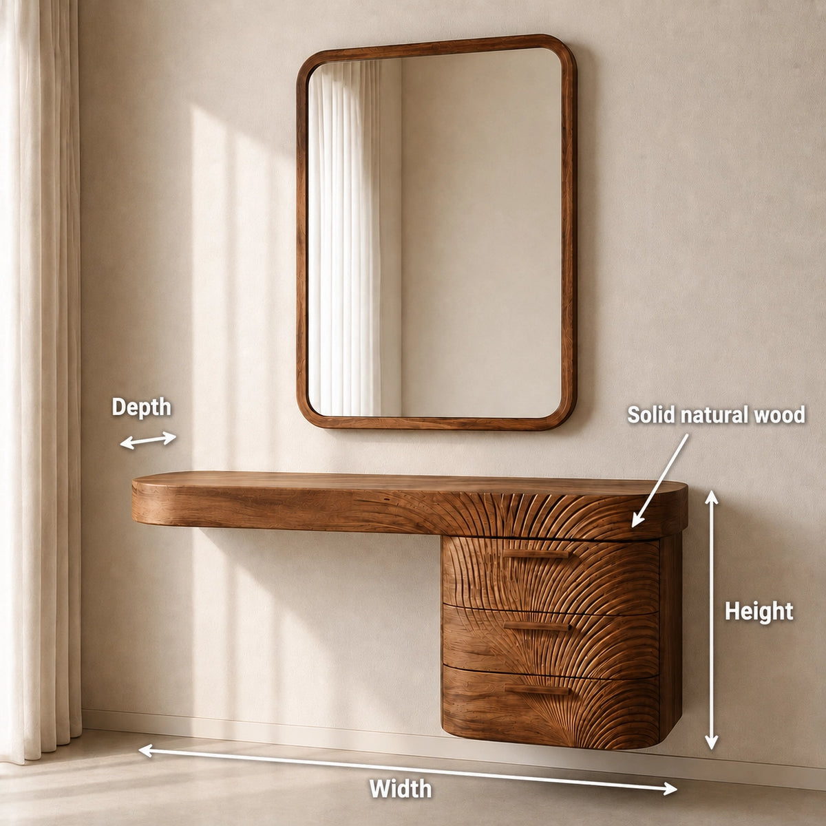 Makeup Vanity with Fluted Sunburst Drawer Front in Natural Solid Wood - Woodenecho - 5
