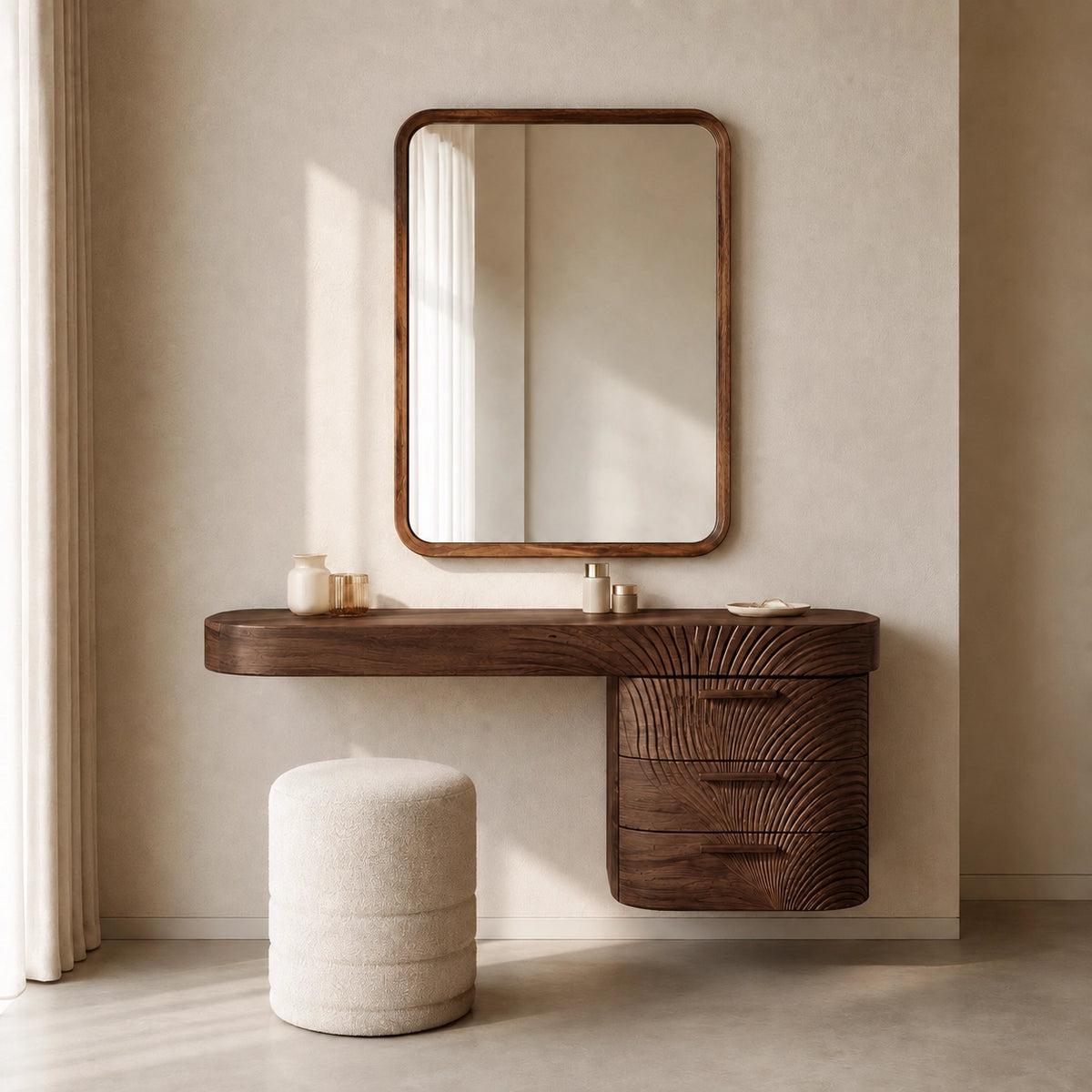 Makeup Vanity with Fluted Sunburst Drawer Front in Natural Solid Wood - Woodenecho - 6