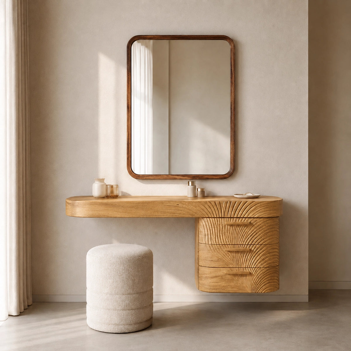 Makeup Vanity with Fluted Sunburst Drawer Front in Natural Solid Wood - Woodenecho - 7