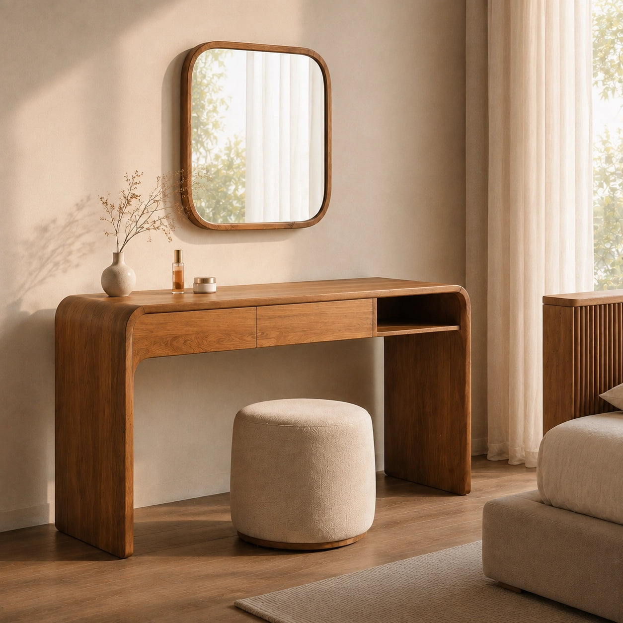 Makeup Vanity with Rounded Wood Base in Natural Solid Wood Storage - Woodenecho - 1