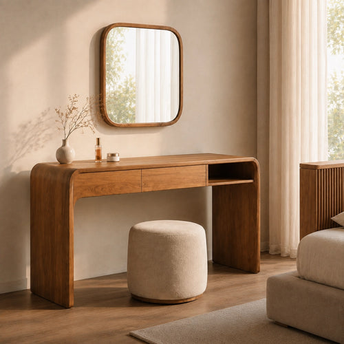 Makeup Vanity with Rounded Wood Base in Natural Solid Wood Storage - Woodenecho - 1