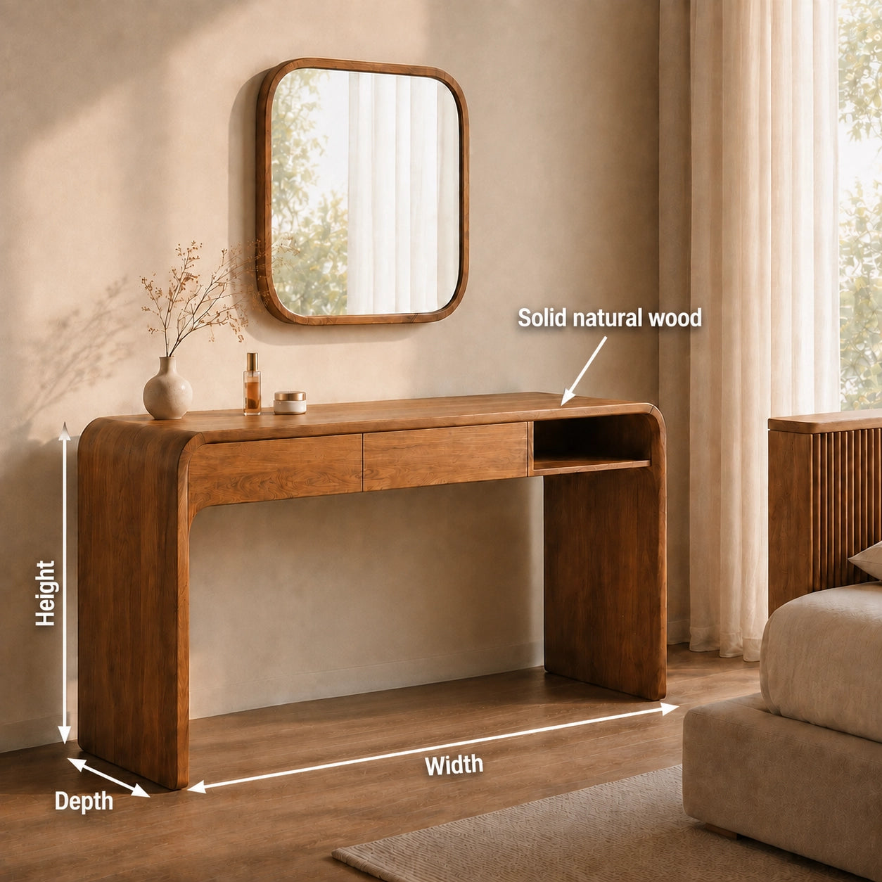 Makeup Vanity with Rounded Wood Base in Natural Solid Wood Storage - Woodenecho - 10