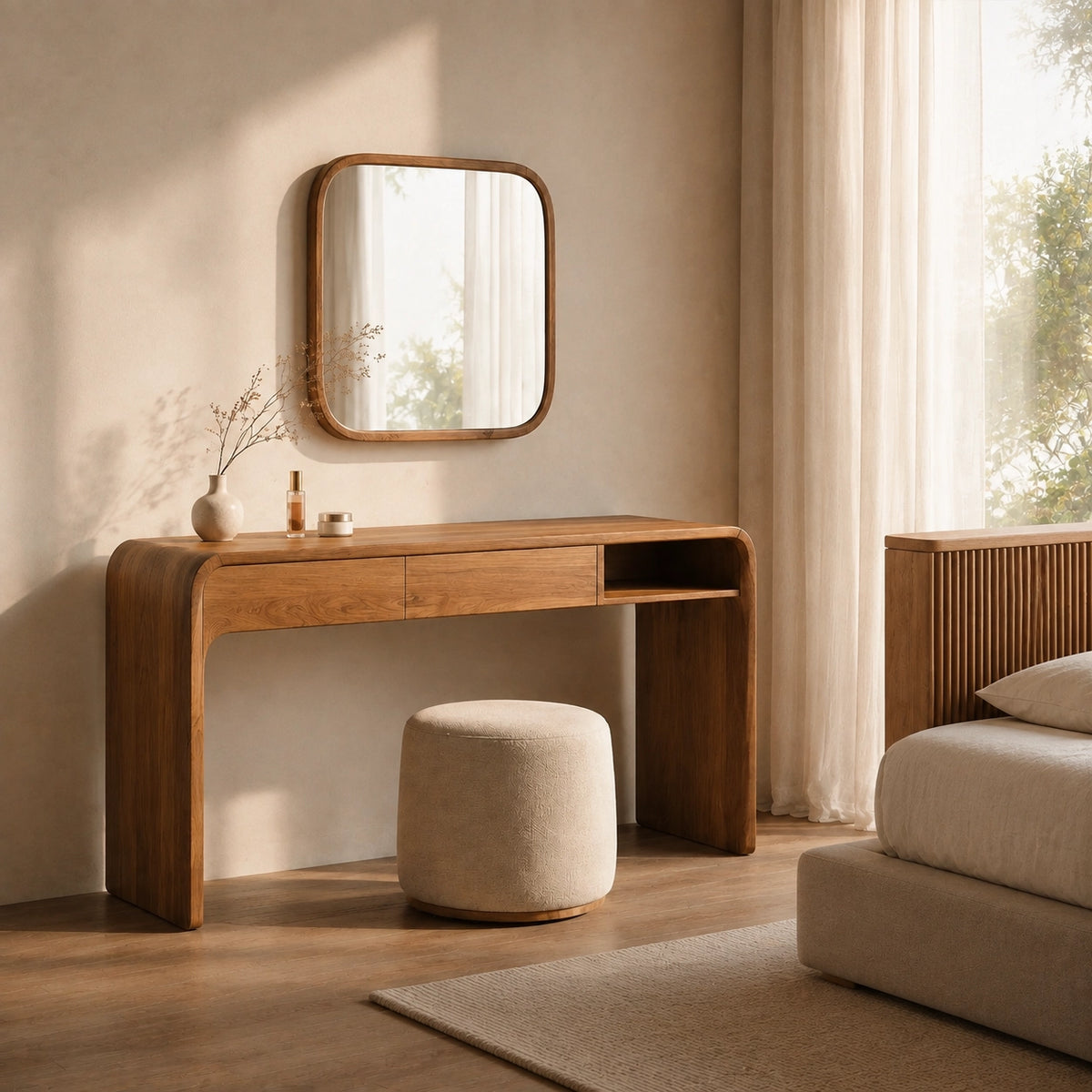 Makeup Vanity with Rounded Wood Base in Natural Solid Wood Storage - Woodenecho - 2