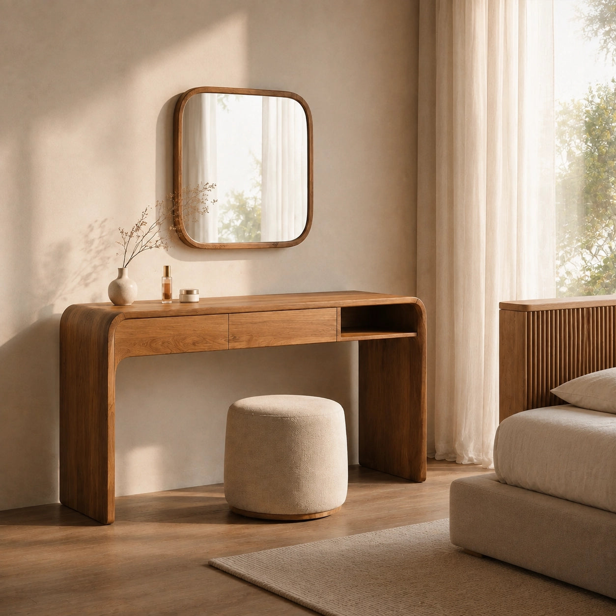 Makeup Vanity with Rounded Wood Base in Natural Solid Wood Storage - Woodenecho - 2
