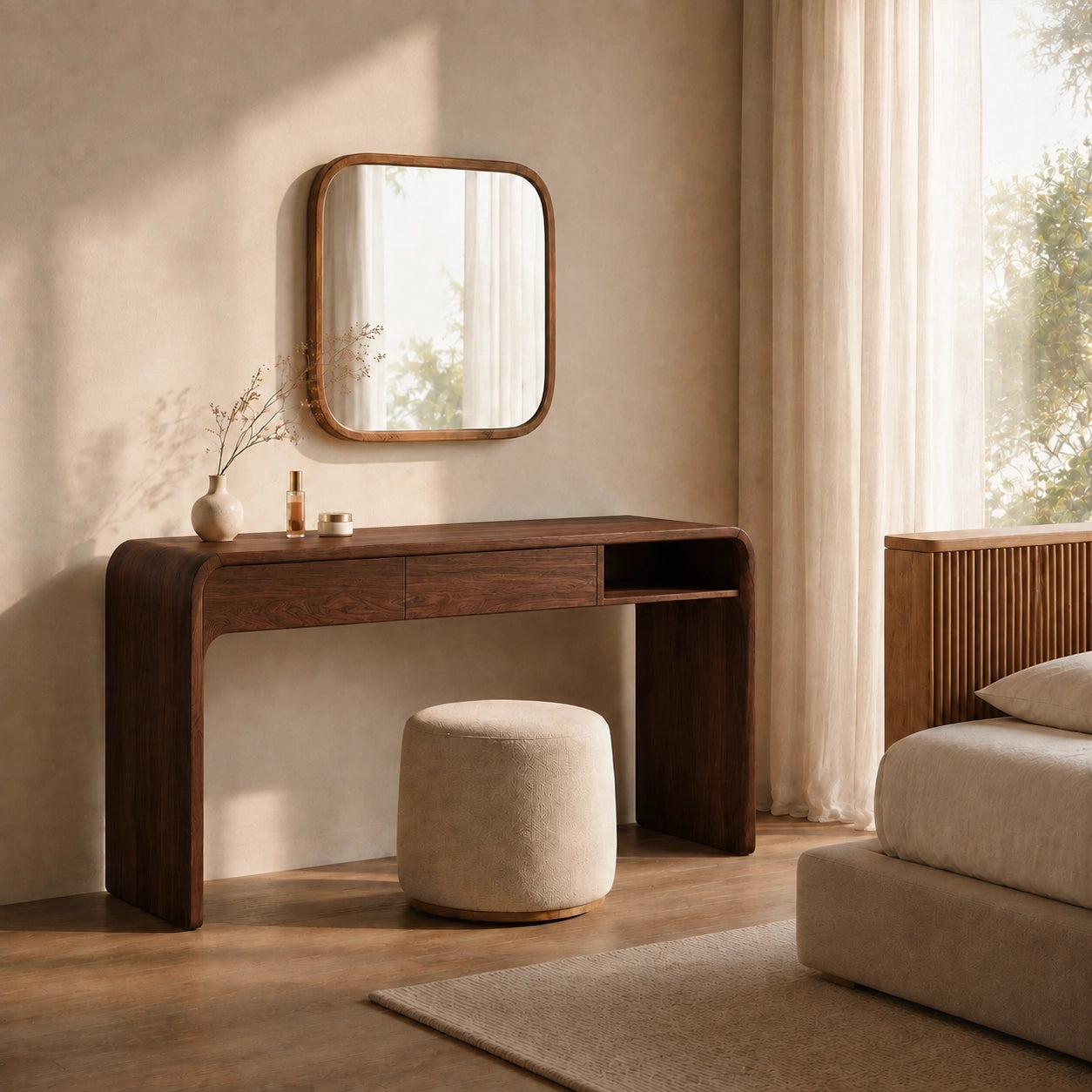 Makeup Vanity with Rounded Wood Base in Natural Solid Wood Storage - Woodenecho - 3