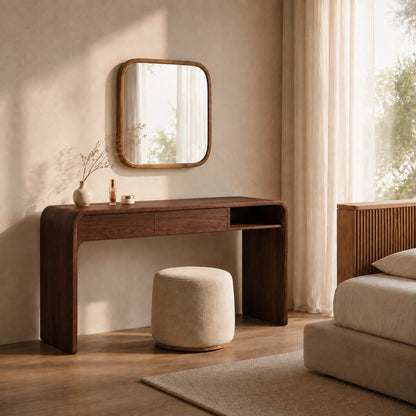 Makeup Vanity with Rounded Wood Base in Natural Solid Wood Storage - Woodenecho - 3