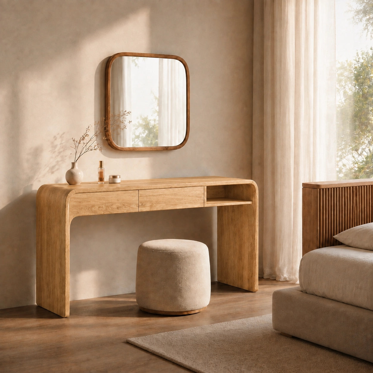Makeup Vanity with Rounded Wood Base in Natural Solid Wood Storage - Woodenecho - 4