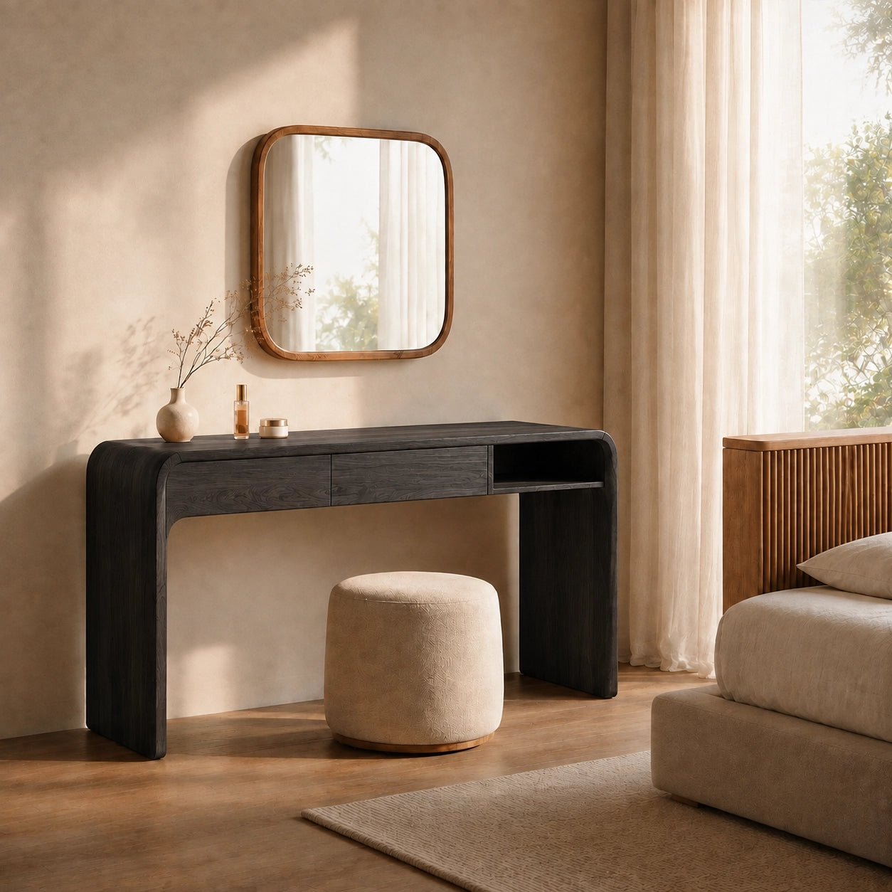 Makeup Vanity with Rounded Wood Base in Natural Solid Wood Storage - Woodenecho - 5