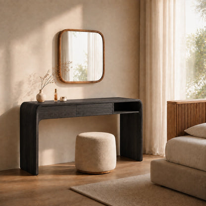 Makeup Vanity with Rounded Wood Base in Natural Solid Wood Storage - Woodenecho - 5