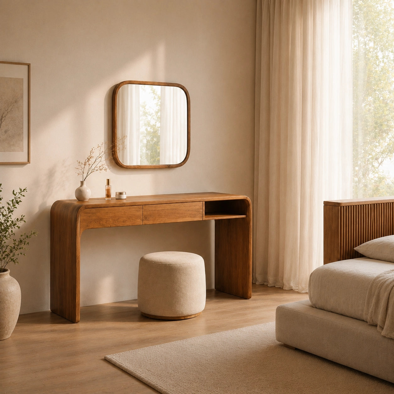 Makeup Vanity with Rounded Wood Base in Natural Solid Wood Storage - Woodenecho - 6