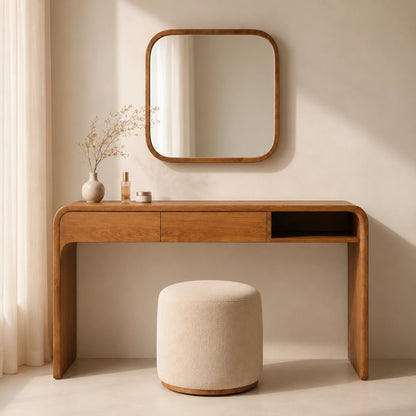 Makeup Vanity with Rounded Wood Base in Natural Solid Wood Storage - Woodenecho - 7