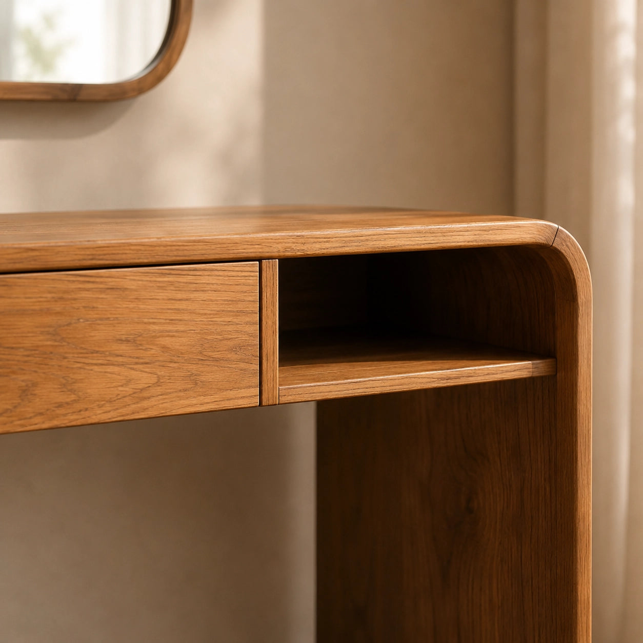 Makeup Vanity with Rounded Wood Base in Natural Solid Wood Storage - Woodenecho - 8