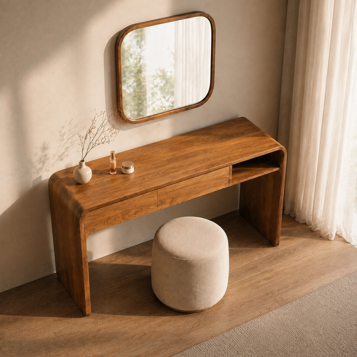 Makeup Vanity with Rounded Wood Base in Natural Solid Wood Storage - Woodenecho - 9