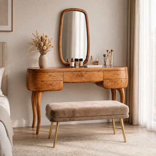 Makeup Vanity with Sculptural Curved Legs in Natural Solid Woods - Woodenecho - 1