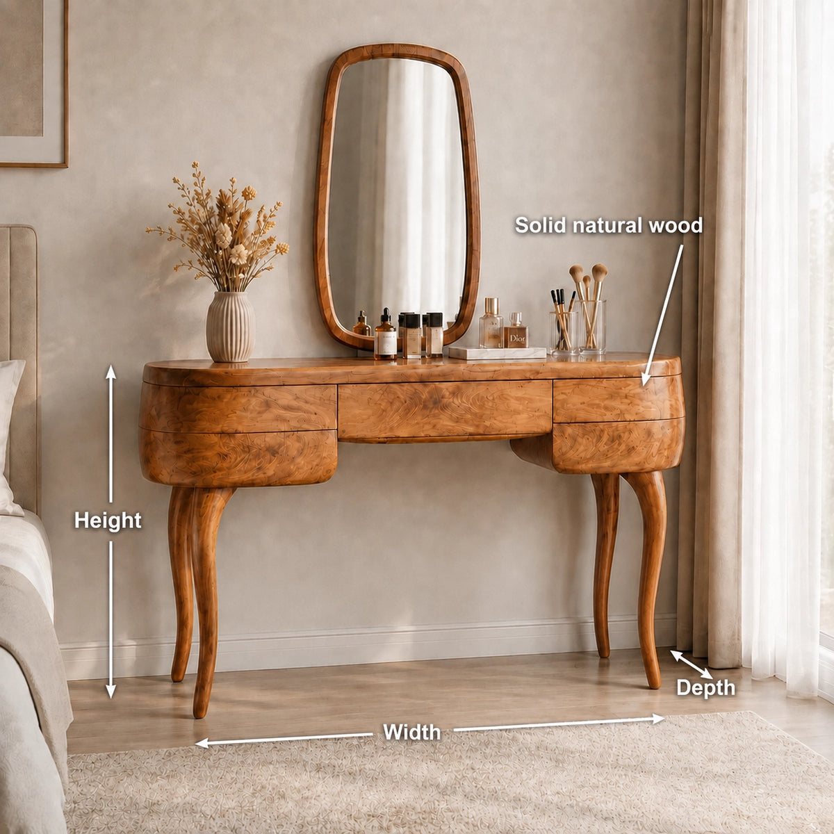 Makeup Vanity with Sculptural Curved Legs in Natural Solid Woods - Woodenecho - 2