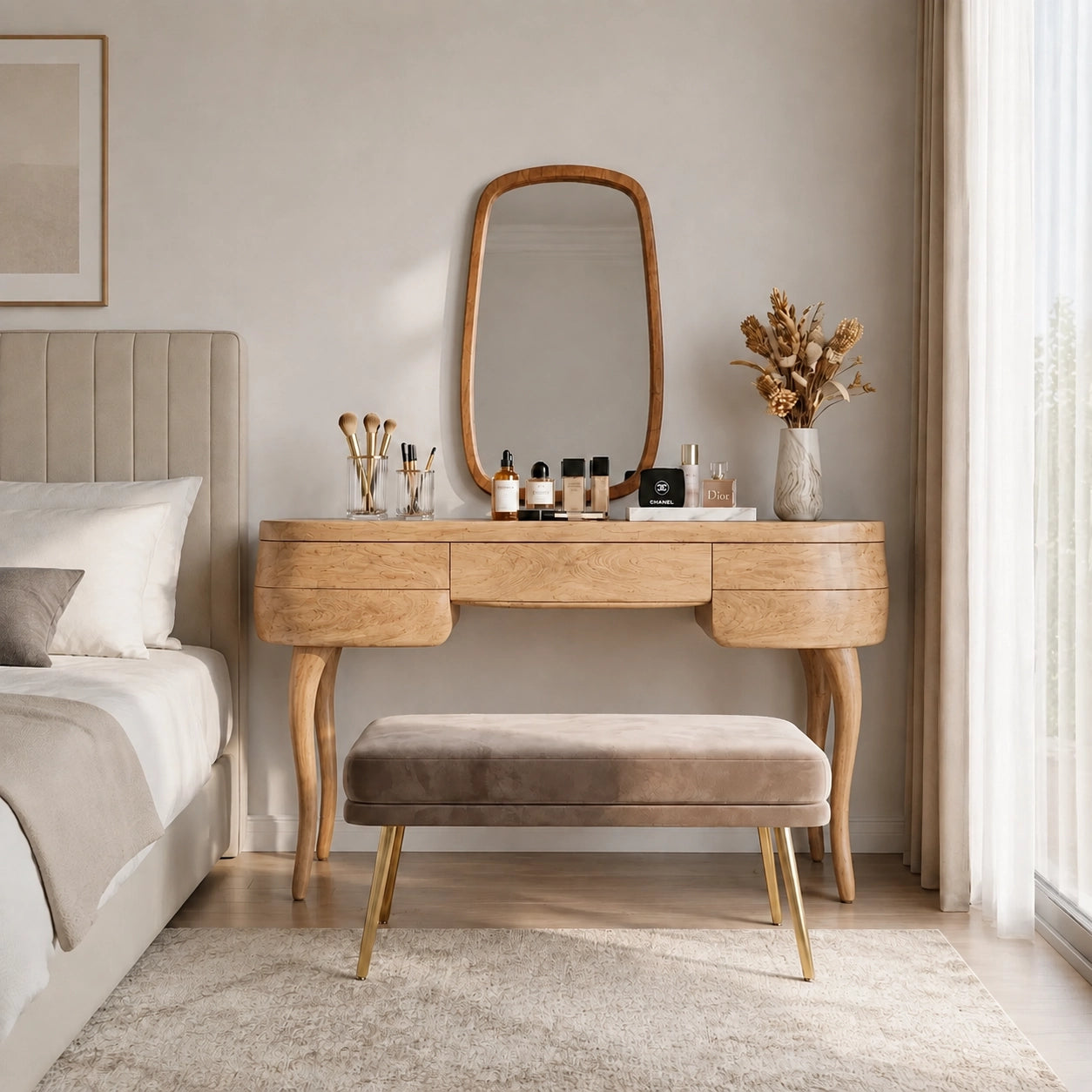 Makeup Vanity with Sculptural Curved Legs in Natural Solid Woods - Woodenecho - 5