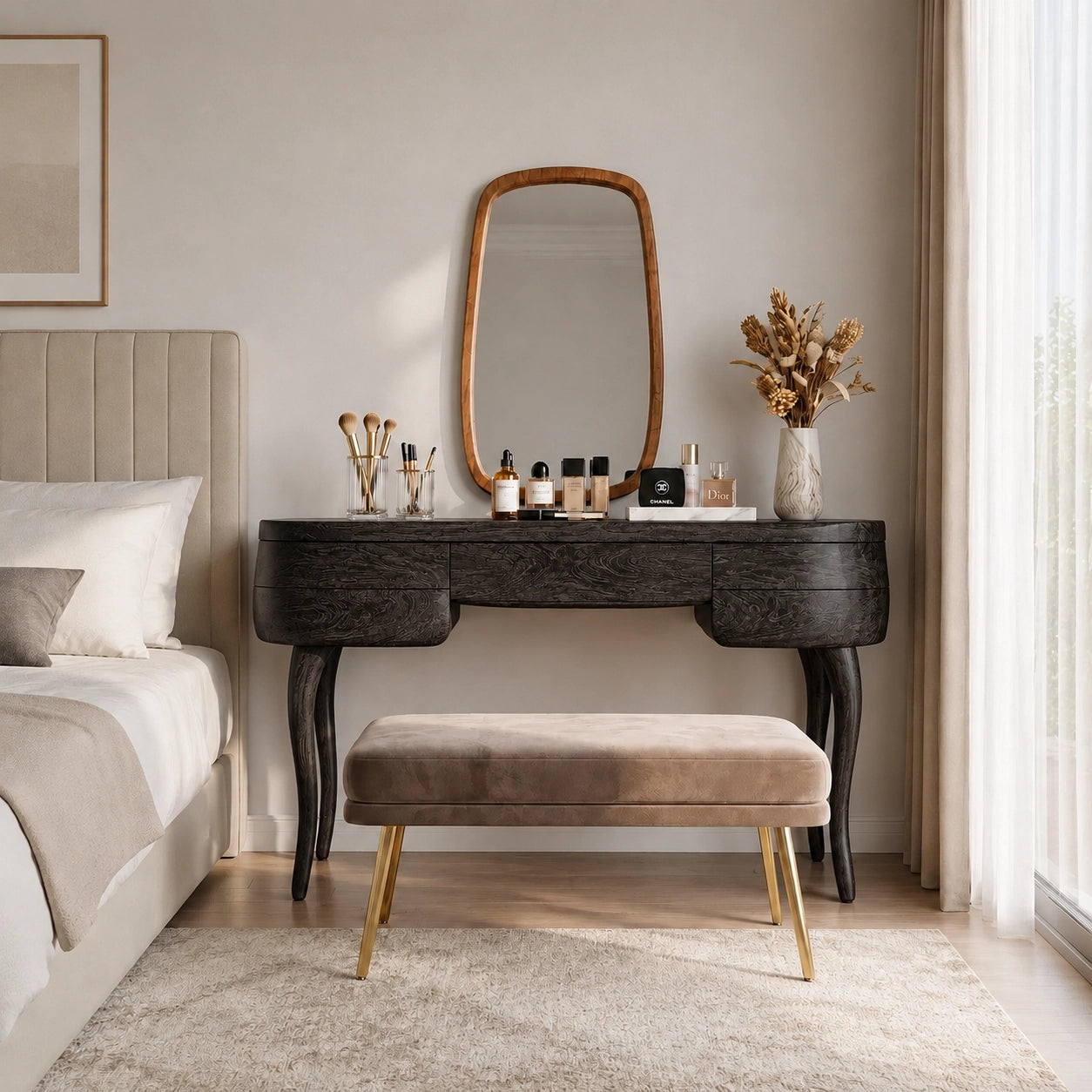 Makeup Vanity with Sculptural Curved Legs in Natural Solid Woods - Woodenecho - 6