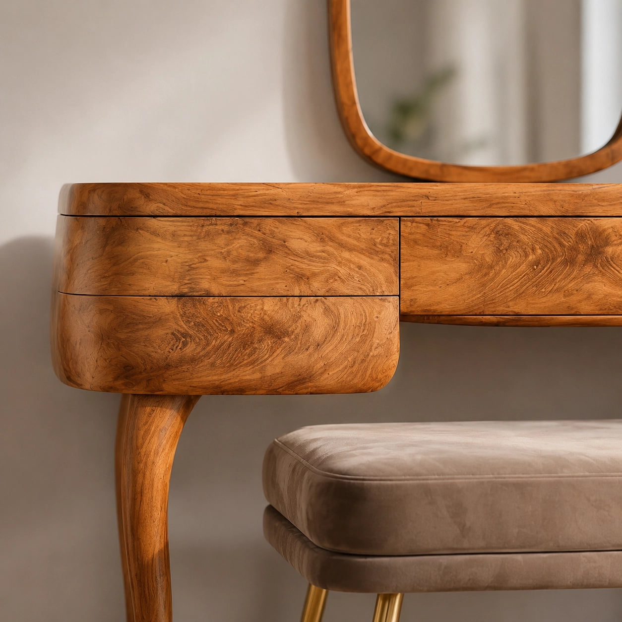 Makeup Vanity with Sculptural Curved Legs in Natural Solid Woods - Woodenecho - 8