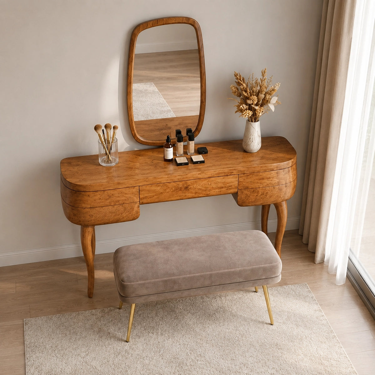 Makeup Vanity with Sculptural Curved Legs in Natural Solid Woods - Woodenecho - 9