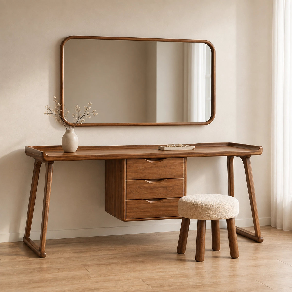 Makeup Vanity with Three-Drawer Storage in Natural Solid Wood Design - Woodenecho - 1