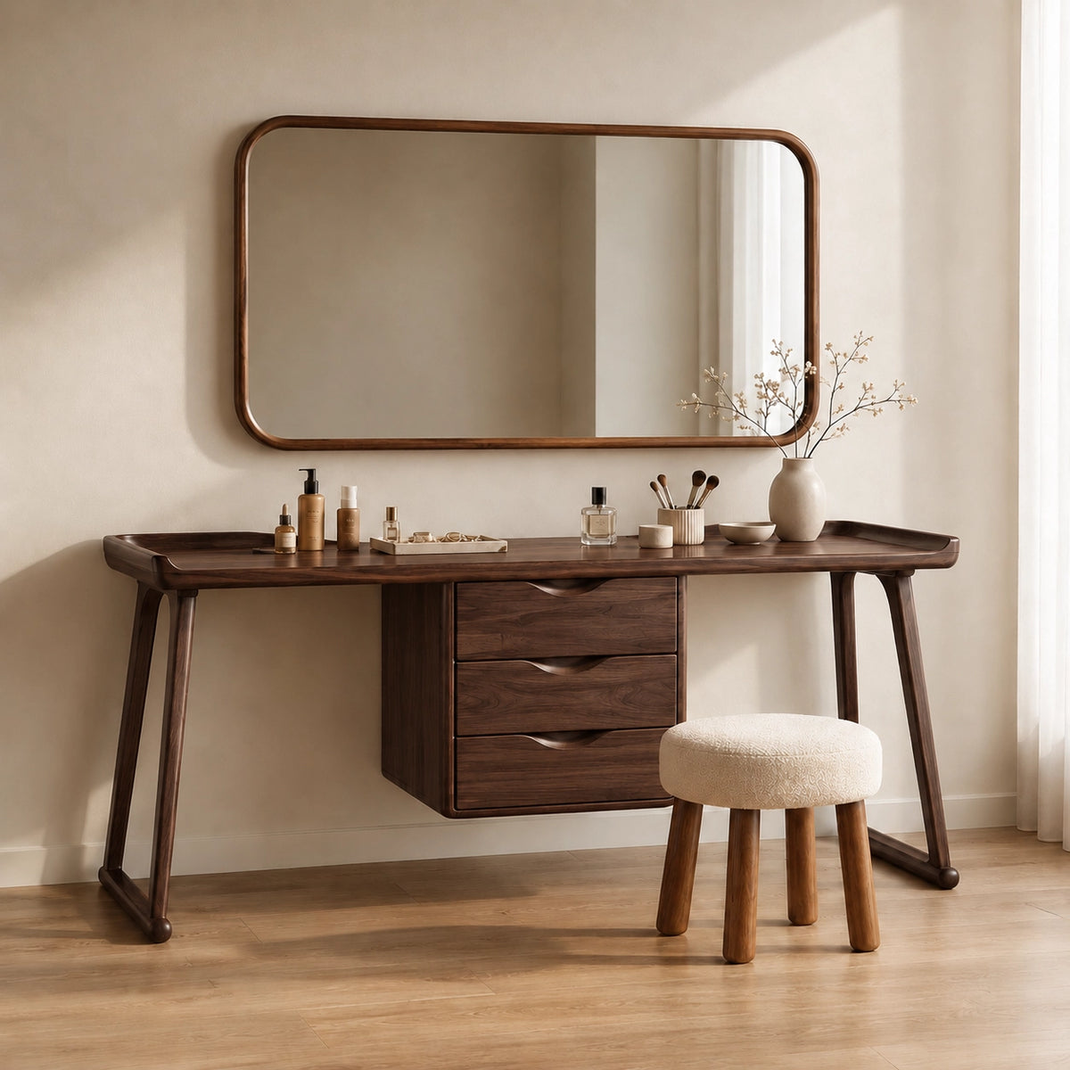 Makeup Vanity with Three-Drawer Storage in Natural Solid Wood Design - Woodenecho - 2