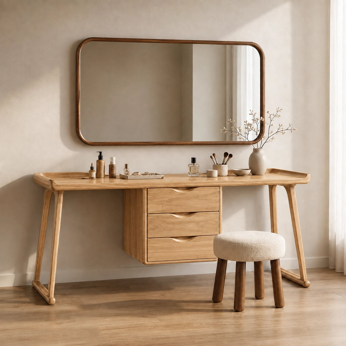 Makeup Vanity with Three-Drawer Storage in Natural Solid Wood Design - Woodenecho - 3
