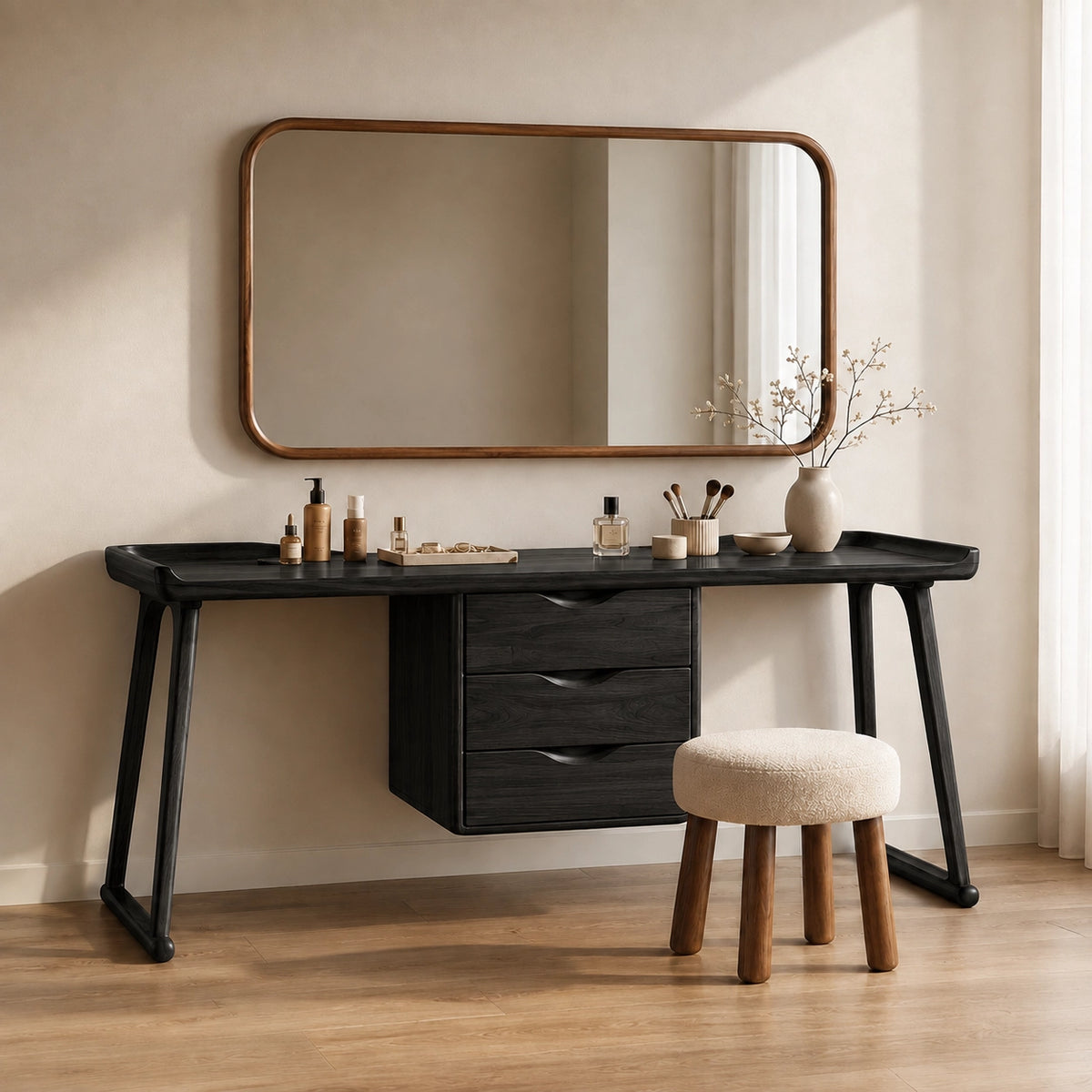 Makeup Vanity with Three-Drawer Storage in Natural Solid Wood Design - Woodenecho - 4