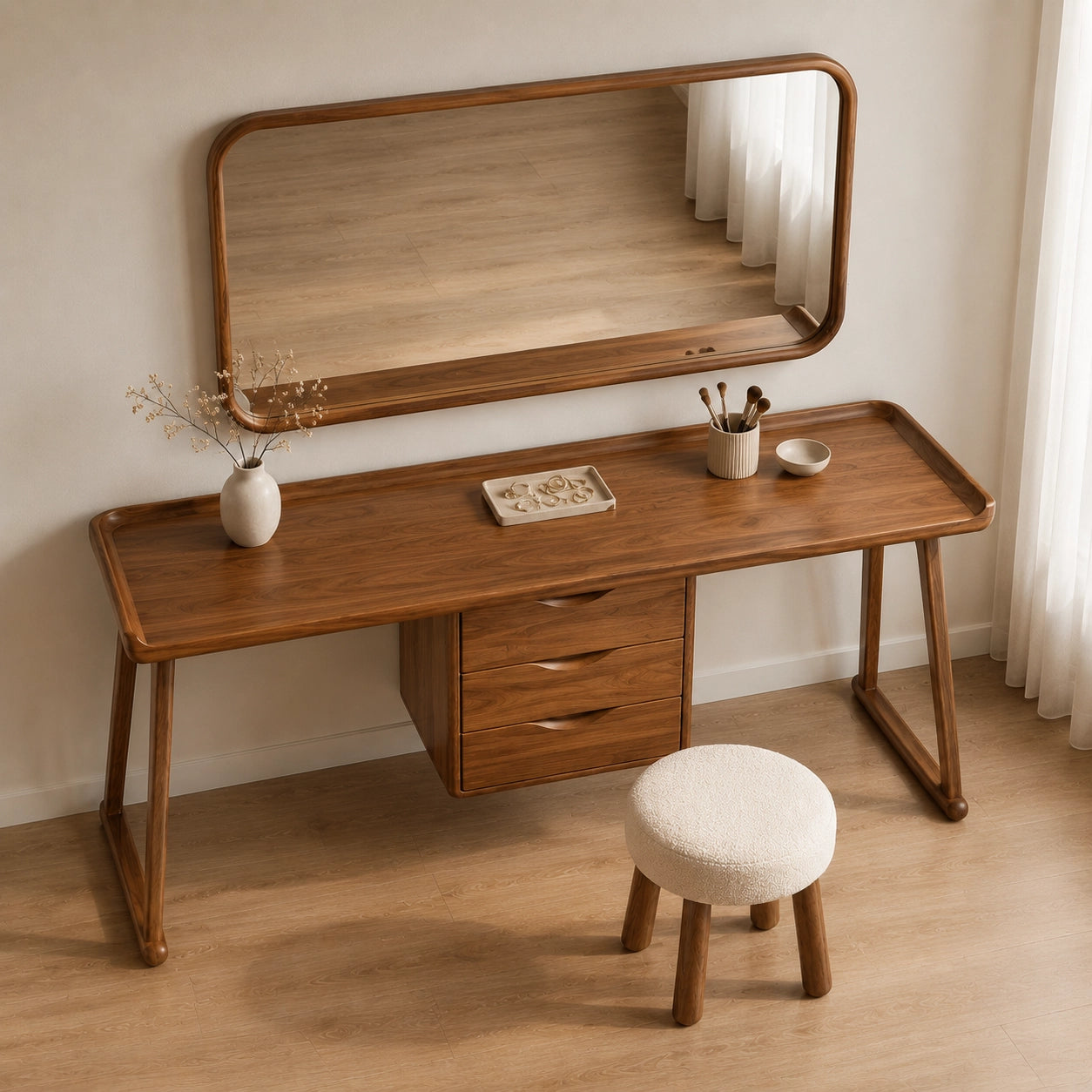 Makeup Vanity with Three-Drawer Storage in Natural Solid Wood Design - Woodenecho - 6