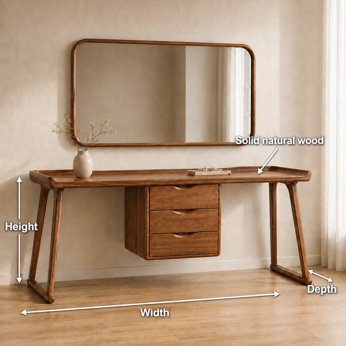 Makeup Vanity with Three-Drawer Storage in Natural Solid Wood Design - Woodenecho - 8